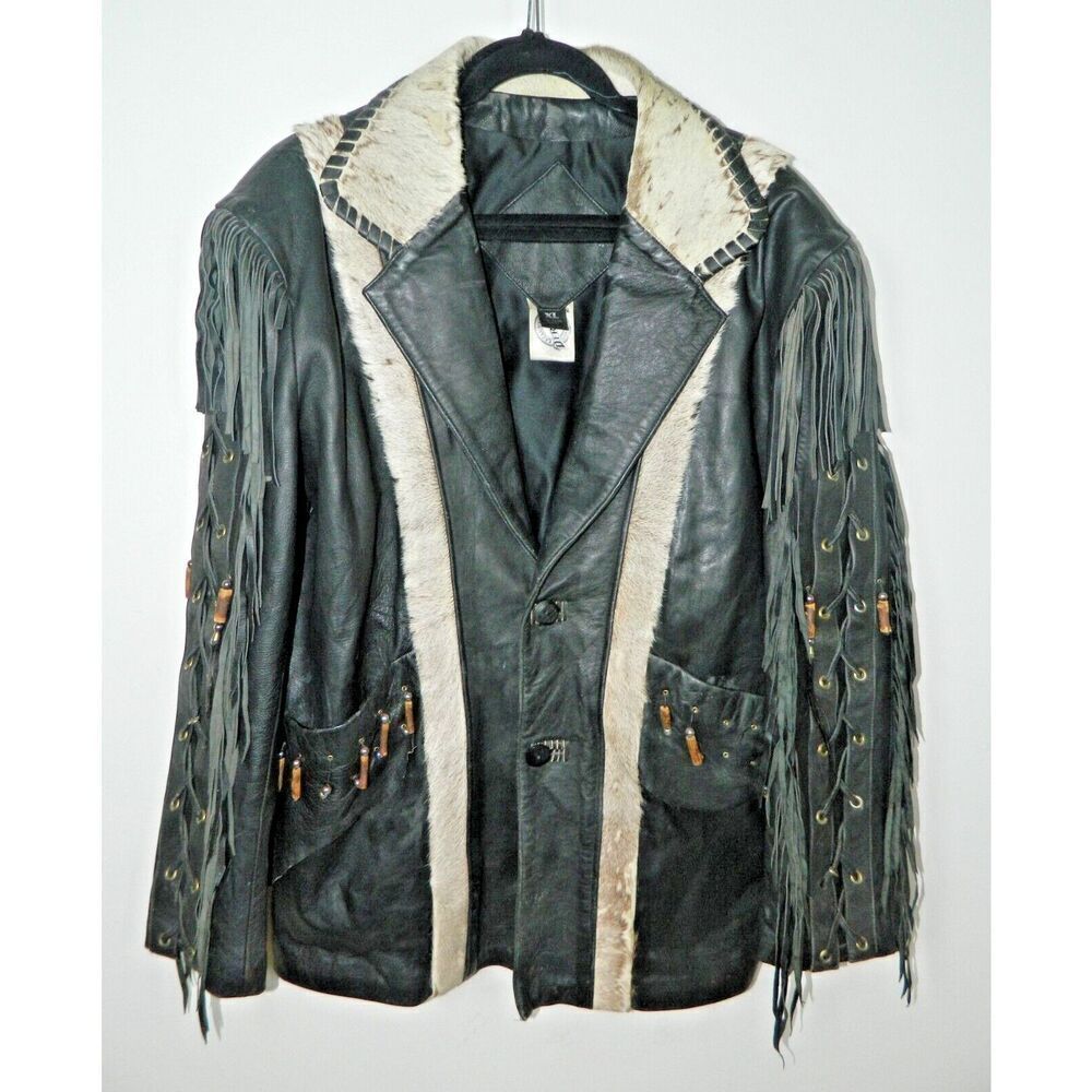 Vintage D. Frank Jacket Men Size X-Large Black Leather White Fur Fringed Beaded